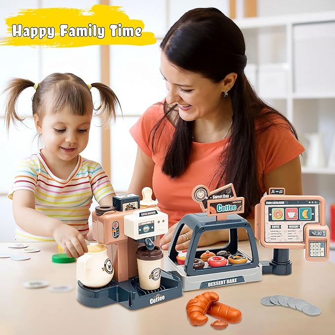 Jomifin Pretend Role Play Toy Coffee Shop for Boys and Girls with Coffee Maker Machine and Fake Donuts 41Pcs (Classic Edition)