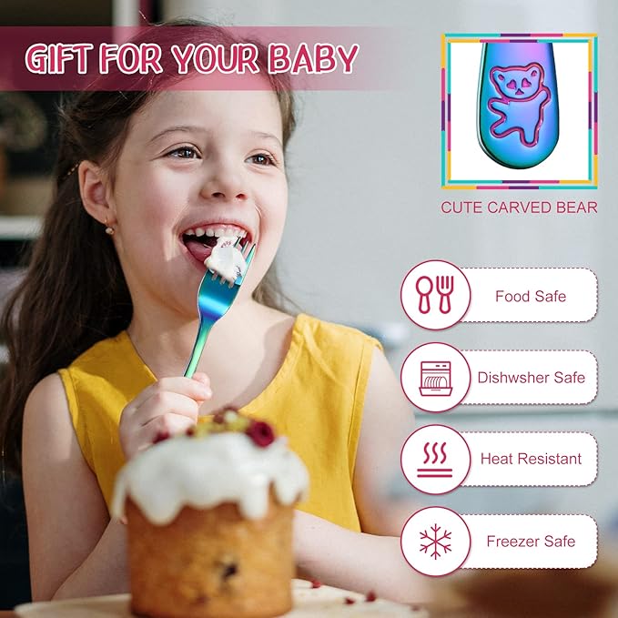 Minatee 6 Pieces Kids Forks Rainbow Kids Cutlery Set Safe Children Forks Stainless Steel Small Metal Self Feeding Children Silverware Utensil Set for Home and Preschools