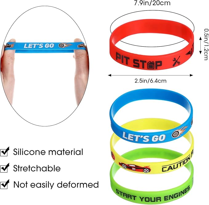 Race Cars Party Favors, Race Car Birthday Party Supplies Race Car Party Decorations Flag Rubber Bracelets Silicone Wristband for Fitness Racing Dirt Bike Task Birthday Party(24 Pack)