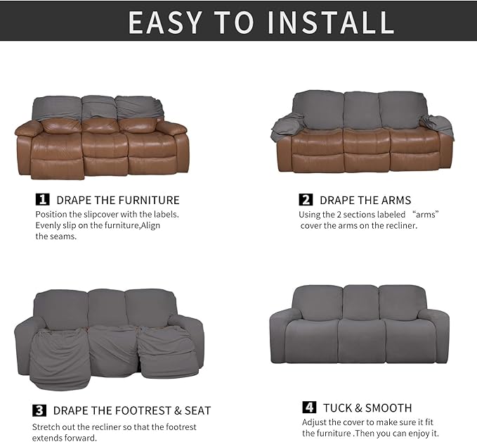 Easy-Going 8 Pieces Microfiber Stretch Sectional Recliner Sofa Slipcover Soft Fitted Fleece 3 Seats Couch Cover Washable Furniture Protector with Elasticity for Kids Pet(Recliner Sofa, Light Gray)