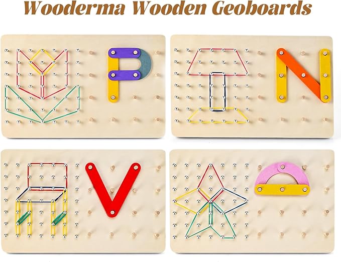 Wooden Geoboards, Wooden Letter Number Construction Puzzle Board, Montessori Toys for Kids with 20 Pattern Cards, 50 Rubber Bands to Figures and Shapes, Brain Teaser STEM Toy（9.5*6 *0.6in）