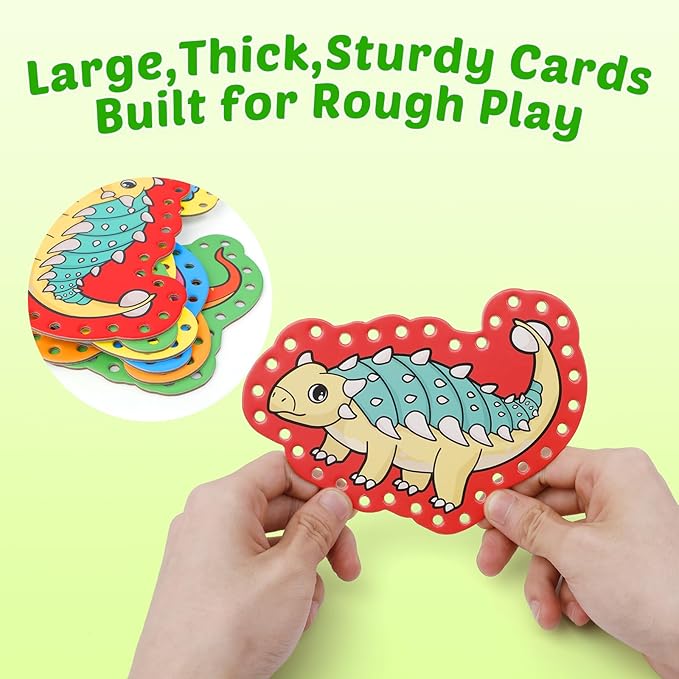 Aizweb Dinosaur Lacing Cards,Sewing Kit for Toddlers, Fine Motor Skill Toys,Threading Toys for Preschoolers,Shoe Tying Practice Art and Craft for Kids Educational Kindergarten Learning Activities