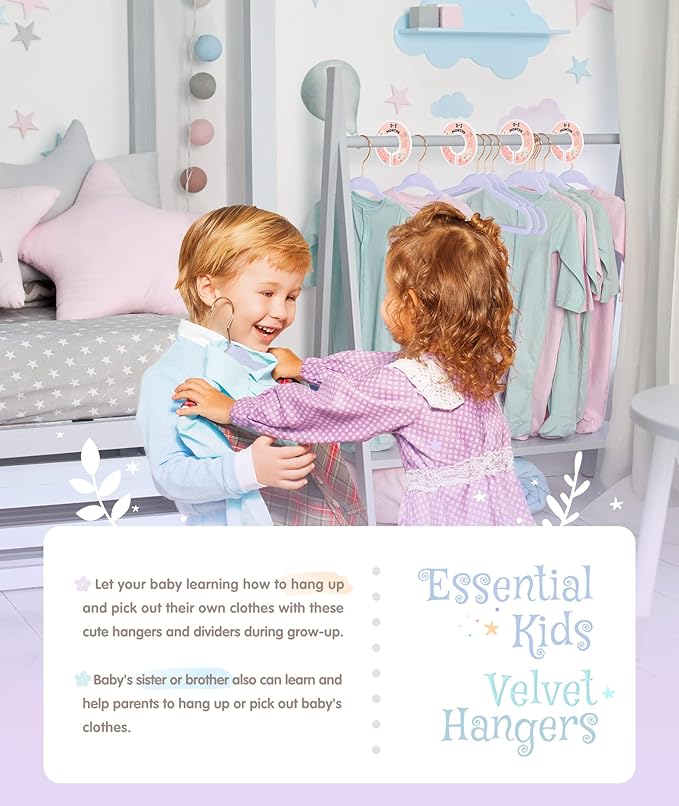 Baby Hangers, VIS'V 11 Inch Lavender Velvet Kids Hangers with 6 Pcs Size Dividers Non Slip Nursery Children Closet Clothes Hangers for Infant Toddler Girls and Boys 30 Pcs