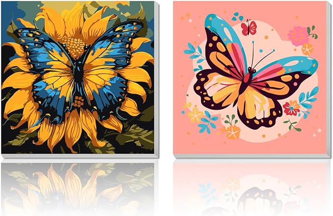 2 Pack Paint by Numbers Kit for Kids Butterfly Paint by Number Kits Age 4-8 Painting Canvas for Kids Ages 8-12 Girls Framed Canvas Paint by Numbers Drawing Kit Color by Numbers Kit for Kids 8x8 Inch