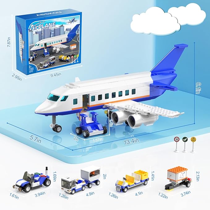 City Passenger Airplane Building Set, Compatible with Lego Plane Blocks Toy, with Plane Trailer, Luggage Truck, Fun Airport Idea Gift for Boy and Girl Ages 6 7 8 Aircraft STEM Toy