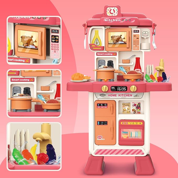 deAO Kids Kitchen Playset 35PCS Play Kitchen Toys Accessories with Sounds Lights,Cooking Stove Steam,Pretend Play for Toddler Aged 3 4 5 6 7 8 Years (Pink)