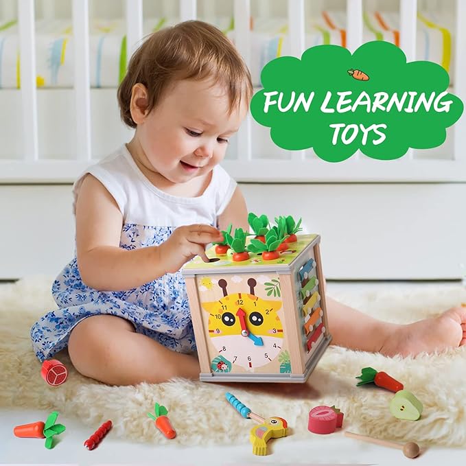 BESTAMTOY 6 in 1 Wooden Activity Cube,Montessori Baby Toys for 3 Year Old, Sorting & Stacking Board, Montessori Early Educational Toys, Boy and Girl Birthday Gift