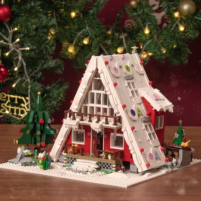 Christmas Art Log House Building Block Set with LED Lights, 2159 Pieces Christmas Toy Set, Christmas Scene, Santa Claus, Christmas Tree, Christmas Deer, for Adults, Boys and Girls