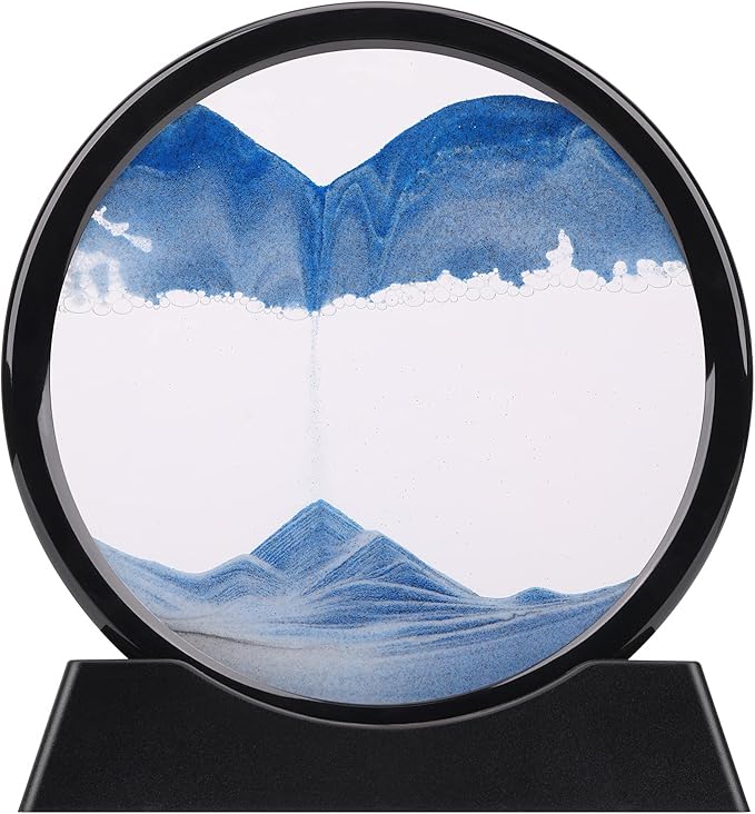 QLKUNLA Moving Sand Art Picture Liquid Motion 3D Deep Sea Sandscape in Motion Display Flowing Sand Frame Relaxing Desktop Home Office Work Decor Art Toys (7 inch, Blue)