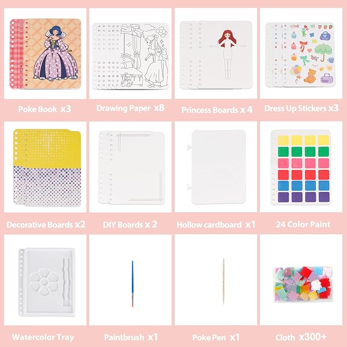 mayace Fabric Art Frenzy - 3 in 1 Creative Puzzle Puncture Painting Poke Art Kits for Kids, Childhood Infinite Dream Hand-Painted Princess Dress-up Drawing Book for Girls Kids (Pink)