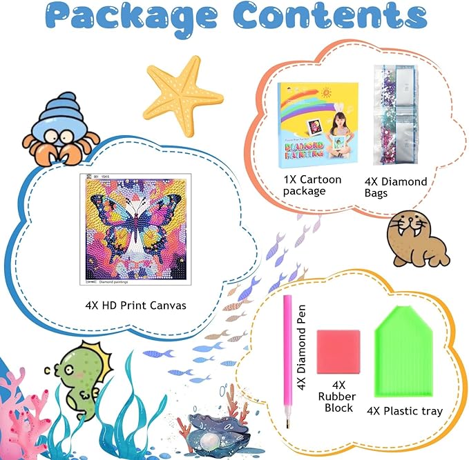 Reivworl 4 Packs Diamond Art Kits for Kids, Butterfly Diamond Art for Kids Ages 8-12, Butterfly Diamond Painting Kits for Kids for Home Wall Decor 6x6 Inch