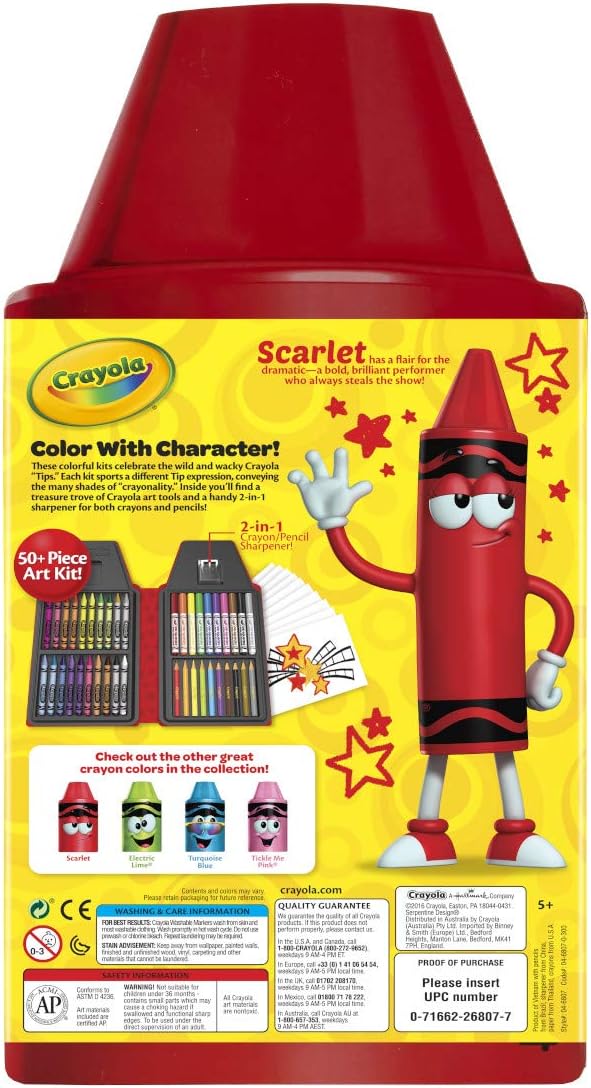 Crayola Tip 50 Piece Art Kit, Scarlet Art Gift for Kids 5 & Up, Includes Crayons, Pip-Squeaks Markers, Colored Pencils, Paper Sheets & Dual-Purpose Sharpener in Tip Character Travel Case