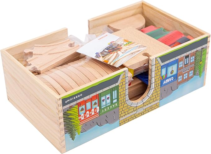 Orbrium Toys 52 Pcs Deluxe Wooden Train Set with 3 Destinations Fits Thomas, Brio, Chuggington, Melissa and Doug, Imaginarium Wooden Train