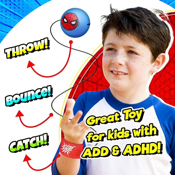 JA-RU Marvel Spiderman Sports Wrist Bounce Back Balls (1 Unit) Super Heroes Wristband Return Balls Toys, Durable Foam String Attached Rebound Ball, Kids & Adults, Fidget Stress Toy 6820-1