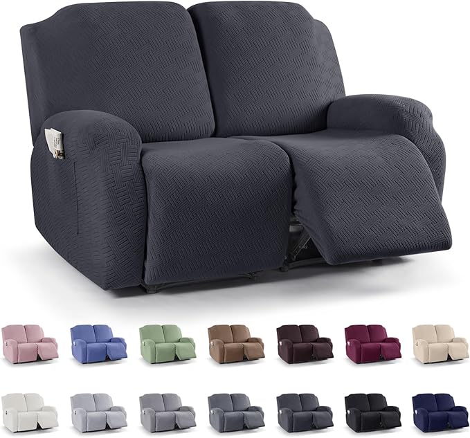 KinCam Recliner Covers, Stretch Reclining Chair Covers, Recliner Sofa Slipcovers Stripe Jacquard Recliner Couch Covers Furniture Protector Covers for Pet Kid (2 Seater, Charcoal Gray)