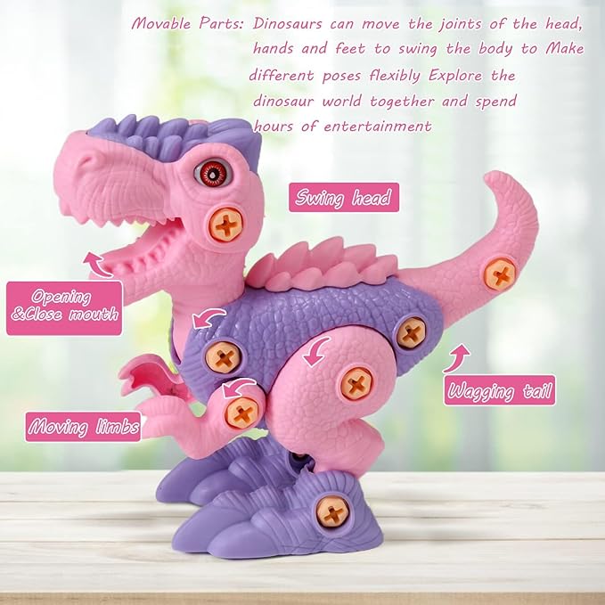 FREE TO FLY Girl Toys Take Apart Dinosaur: Pink Dinosaur Toys for Kids 3-5 5-7 Stem Learning Educational Montessori Toys for 3 4 5 6 7 8 Year Old Girls Toddlers Autism Sensory Xmas Birthday Gifts