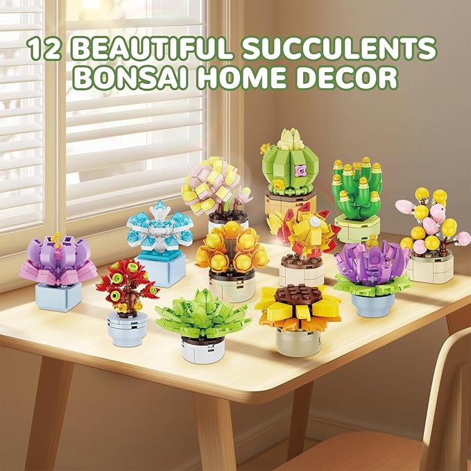 Succulents Flowers Botanical Collection Building Set, 12 Exquisite Succulent Bonsai Plants Home Office Decor, Compatible with Lego, Creative Ideal Gift Toy for Adults Girls Boys
