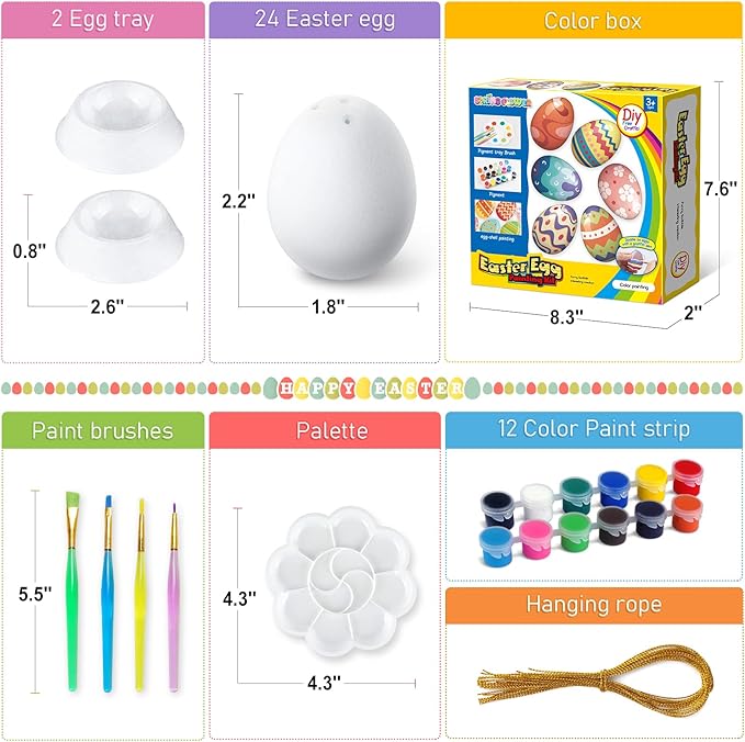 SpringFlower White Easter Eggs Painting Kit-24 Paintable Flocking Eggs with Doodle Kit for DIY Design with Rope for Easter Decoration/ Hunts,Basket Stuffers Fillers