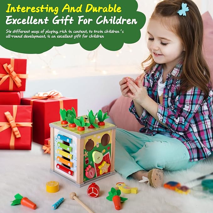 BESTAMTOY 6 in 1 Wooden Activity Cube,Montessori Baby Toys for 3 Year Old, Sorting & Stacking Board, Montessori Early Educational Toys, Boy and Girl Birthday Gift