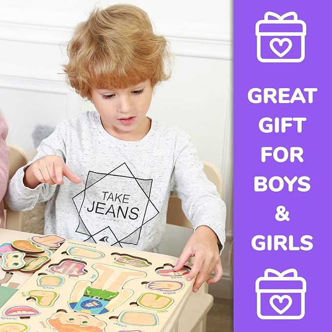 QUOKKA Wooden Puzzles for Kids – Montessori Puzzles for Toddlers 3-5 – Preschool Game Learning Human Body Parts Anatomy Skeleton – Educational Toys for Boy & Girl