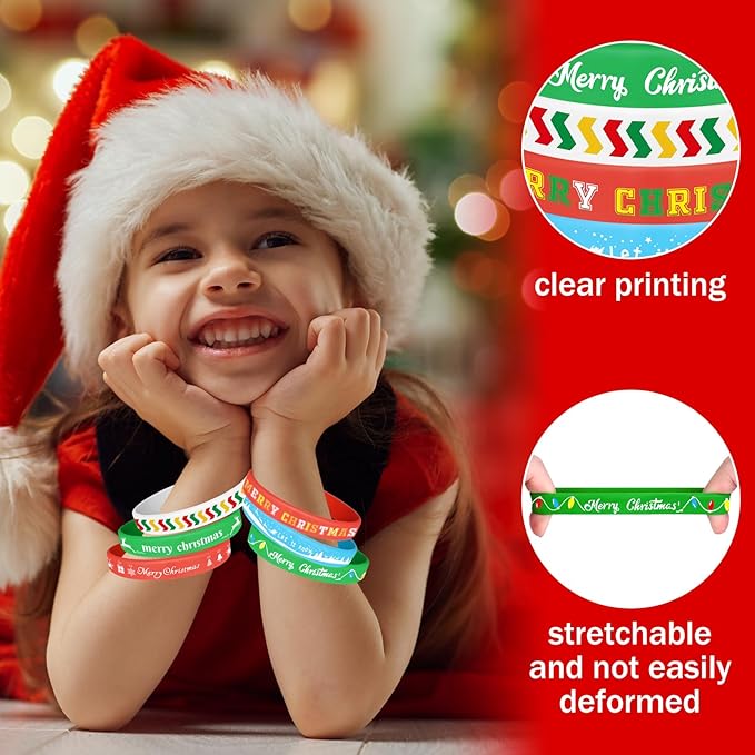 NEBURORA 24 Pack Christmas Wristband 6 Style Silicone Bracelet Wristbands Xmas Rubber Band for Christmas Party Decor 6 Merry Christmas Pattern Wrist Band Party Supplies