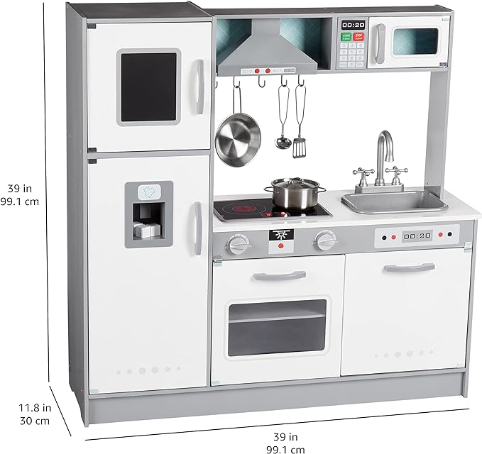 Amazon Basics Kids Upright Wooden Kitchen Toy Playset with Stove, Oven, Sink, Fridge and Accessories, for Toddlers, Preschoolers, Children Age 3+ Years, White & Gray, 39"L x 11.8"W x 39'H'