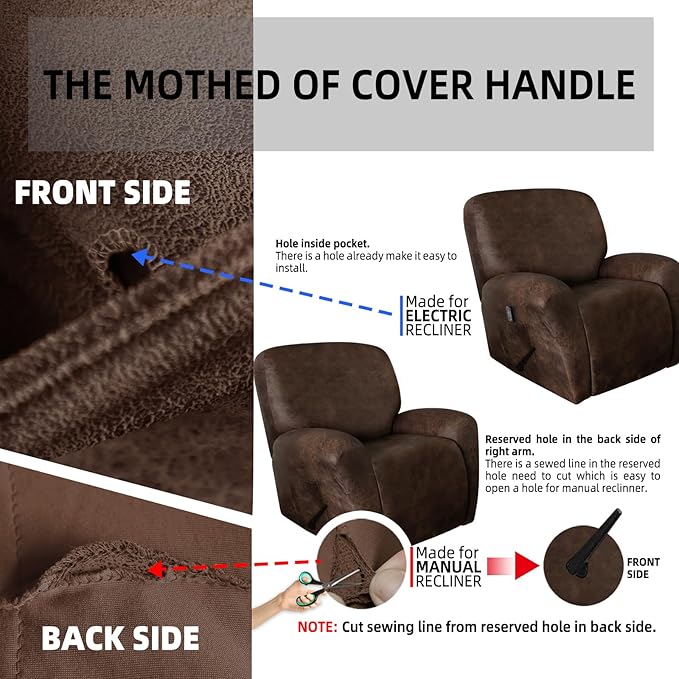 Leather Look Recliner Chair Covers Stay in Place 4-Piece Lazy Boy Recliner Slipcovers for Reclining Chair Furniture Protector Spandex Fabric Washable (X-Large, Dark Brown)