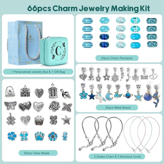 Charm Bracelet Making Kit, Kid Jewelry Making Kit for Girls 8-12, Unicorn Craft Kits for Teen Girls Toys Ages 3-10 Years Old Girl Gifts Trendy Stuff Birthday Christmas Gift with Initial Jewelry Box- C