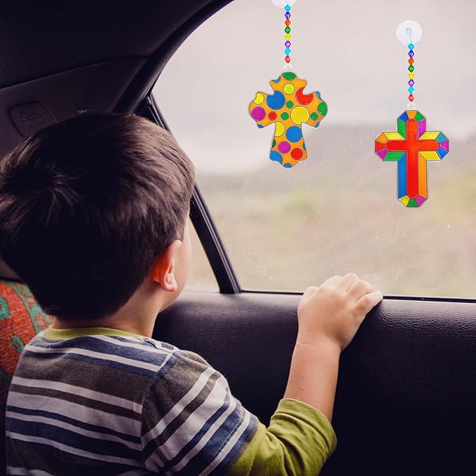Winlyn 27 Sets Cross Suncatchers Ornaments Decorations DIY Window Paint Art Suncatchers Cross Craft Kits Cross Sun Catchers for Kids Sunday School VBS Christmas Easter Holiday Activities Party Favors