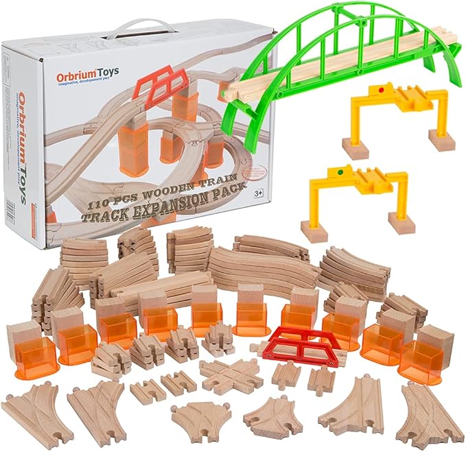 Orbrium Toys 110 Pcs Wooden Train Track Expansion Pack Compatible with Thomas Wooden Train, Brio, Thomas The Tank Engine