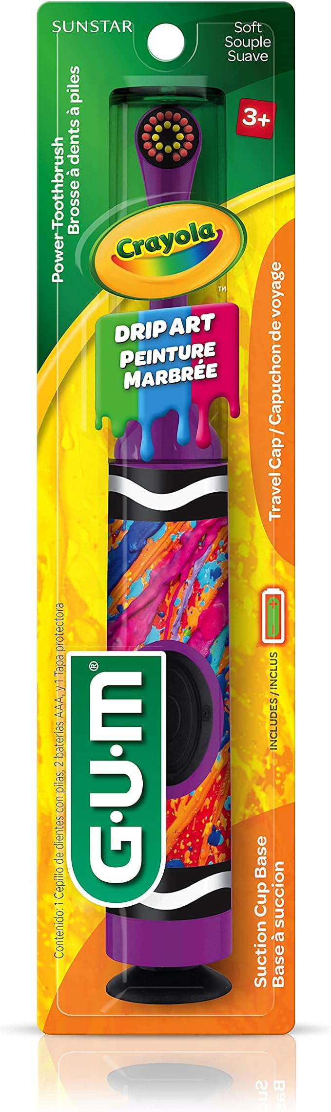 GUM Crayola Power Toothbrush for Kids, Extra Soft Bristled Toddler Toothbrushes, Travel Cap + Suction Cup Base, Batteries Included, 1ct (4pk)