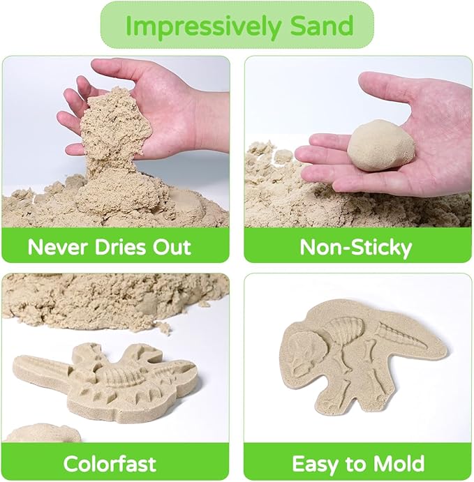 Dinosaur Sensory Bin Sandbox Toys, Dinosaur Play Sand Kit for Toddlers Kids Sensory Sand Toys, Sensory Bins for Toddlers 1-3-4, 2.2lbs of Magic Sand Dino Figures Sand Molds, Kids Gifts for Boys Girl
