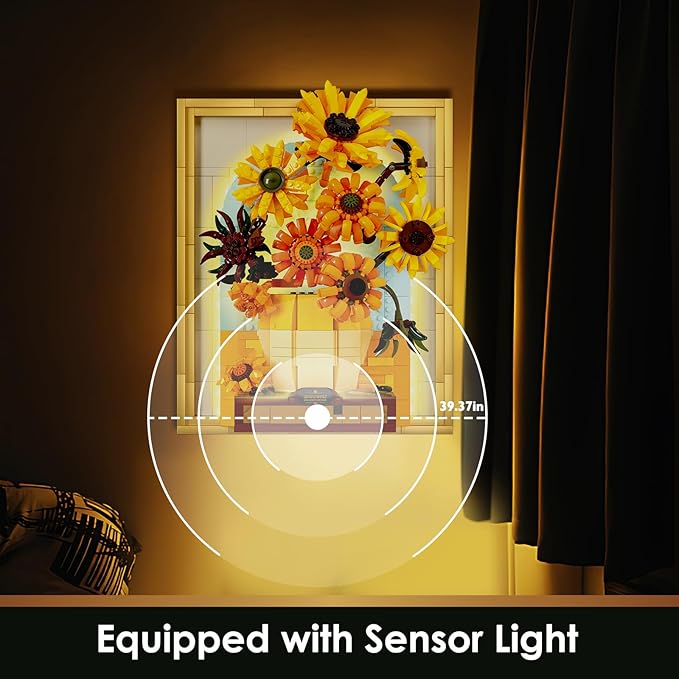 JMBricklayer Flowers Sunflower Building Sets for Adult with Lights 70004, Van Gogh Wall Art Crafts Ideas Flower Bouquet, Painting Frame Room Decor, Valentine’s Day Birthday Gifts for Women Girl