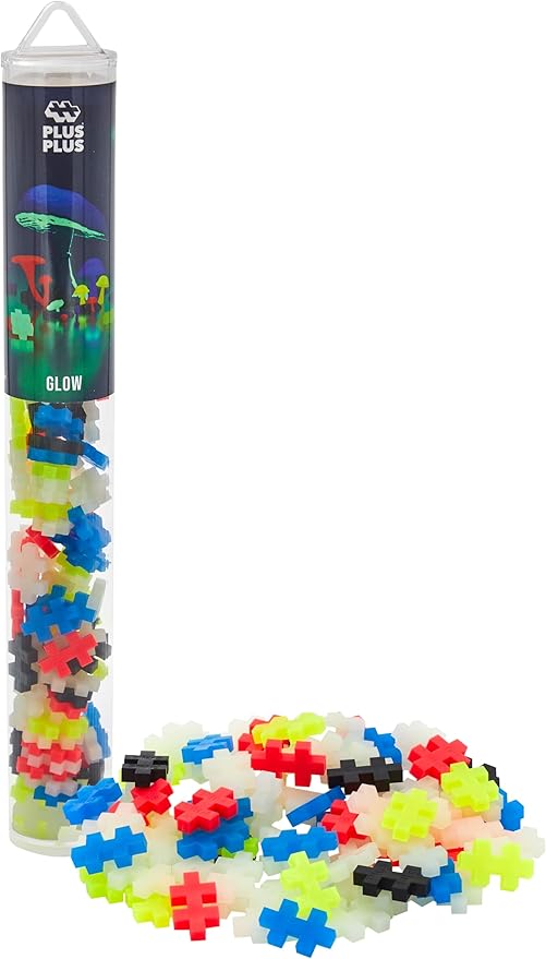 PLUS PLUS 70 Piece Interlocking Building Blocks for Kids, Open Ended Connecting Toys, STEM Bin Classroom Mini Manipulatives - Glow in The Dark Play Tube