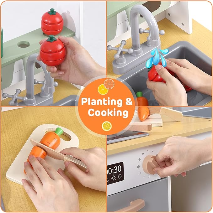 Wooden Play Kitchen, Farm to Kitchen Set, Kids Kitchen Toys with Cookware Accessories, Kitchen Play for Boys and Girls