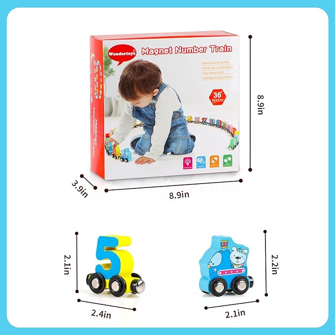 Wondertoys 27 PCS Wooden Train Set Toy Wooden Magnetic Number Train Set Includes 1 Engine Cars for Toddlers Boys and Girls, Compatible with Major Brands Train Set Tracks