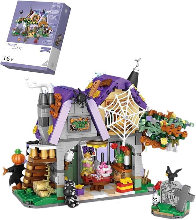 Street View Halloween Haunted House Bricks Model Set, 765Pcs DIY Building Block Assembly Mini Particle Construction Toy