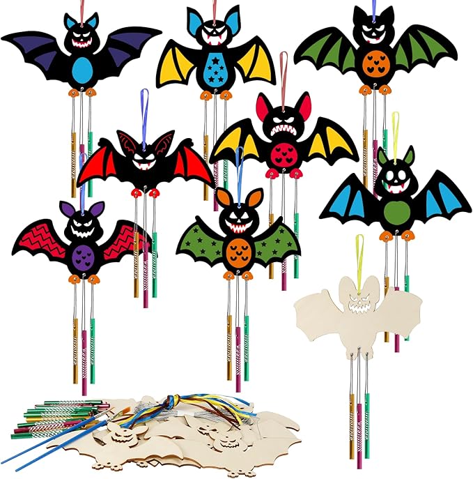 9 Pack Wind Chime Kit for Kids,Halloween Craft Kits Wooden Bat Wind Chime Decorative Hanging Ornaments DIY Painting Craft for Boys Girls Family Activities Halloween Party Supplies