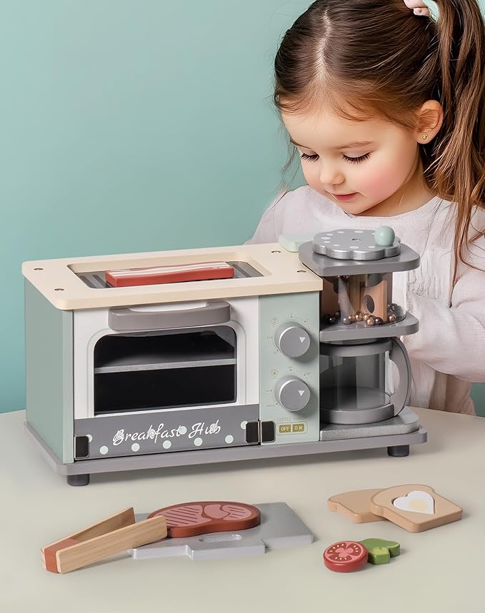 ROBOTIME Play Kitchen Toys Accessories - Wooden Breakfast Machine Kitchen Toy for Kids with Coffee Maker and Pretend Play Food Sets - Kitchen Playset Appliances Toy for Toddlers (Mint Green)