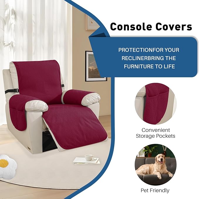 Easehomey Waterproof Recliner Chair Cover, Non-Slip Recliner Cover with Elastic Straps Two Pockets Slipcover Washable Oversized Reclining Chair Cover Furniture Protector for Kids,Pets (Wine Red, 28")