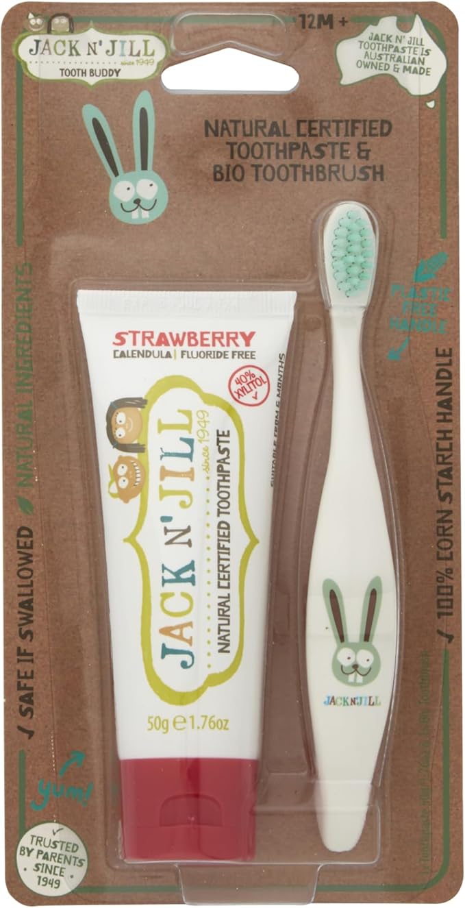 Jack N' Jill Toddler Toothbrush and Toothpaste Combo - Baby Toothbrush 12 Months and Up, 1 Year Old Toothbrush and Toothpaste Set, Fluoride Free - 1 Kids Toothbrush and 1 Strawberry Toothpaste