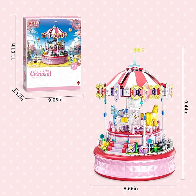 591 Piece Mini Music Box Building Block Set,Rotating Carousel DIY Building Toy,Girl Amusement Park Building Block Kit,STEM Educational Toys,Christmas Birthday Gifts for Girls Boys Ages 6-12+