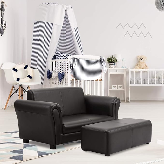 Costzon Kids Couch with Footstool, 2 in 1 Double Seat Children's Sofa w/PU Leather Surface, Armrest Chair Lounge, Soft Kids Sofa for Preschool Bedroom Kids Room Toddlers Boys Girls Birthday (Black)