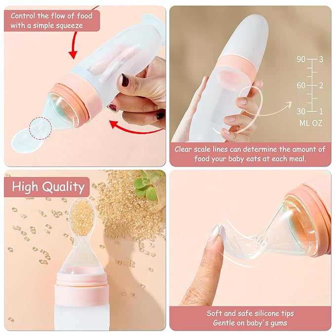 WAJIAYON Baby Food Feeder 4 Pack Silicone Baby Food Dispensing Spoon-3 oz Squeeze Feeding Spoons with Suction Cup for Boys Girl Kids Toddlers - Self Feeding Bottle Spoon-Sakura Pink