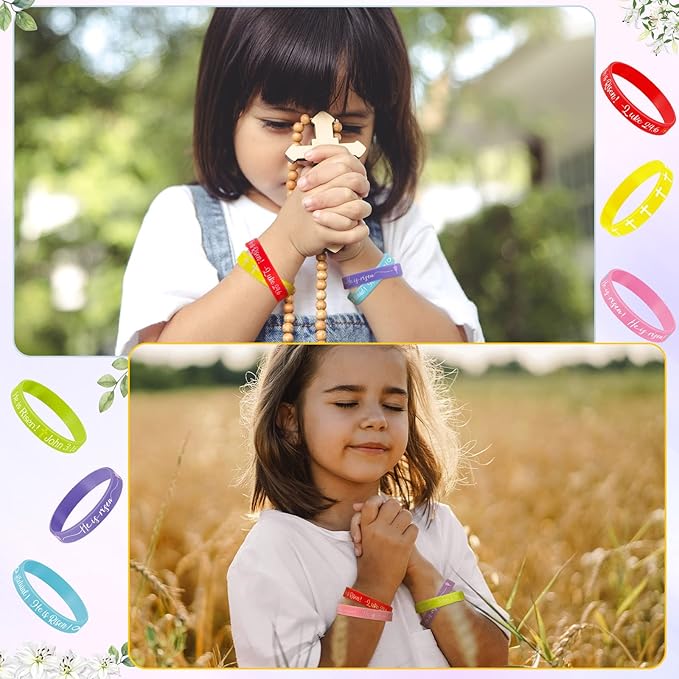 Deekin 36 Pcs He Is Risen Bracelets Bulk Easter Egg Stuffers Basket Filler Religious Silicone Bracelet Party Favors Bible Rubber Bracelet Cross Catholic Exchange Gifts for Kids Festival Spring Party