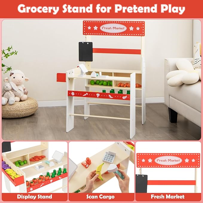 INFANS Grocery Store Marketplace Toy, Wooden Market Stand Pretend Play Set with Chalkboard Cash Register 36 Fruit Veggies Pieces POS Machine Shop Playset Gift for Boys Girls Ages 3+