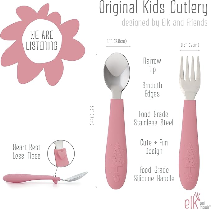 Elk and Friends Silicone Suction Plate for Babies/Toddlers + Stainless Steel Silverware Feeding Set | Divided Plate | Suction Design | Forks + Spoons Included | 3 Pack