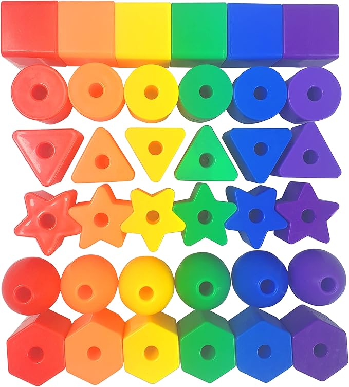 Toddler Toys - Big Lacing Beads Set for Fine Motor Skills & Hand-Eye Coordination Baby Toys - 36 Beads & 6 Strings - Color Sorting & Counting Educational Learning Toy Montessori Toys