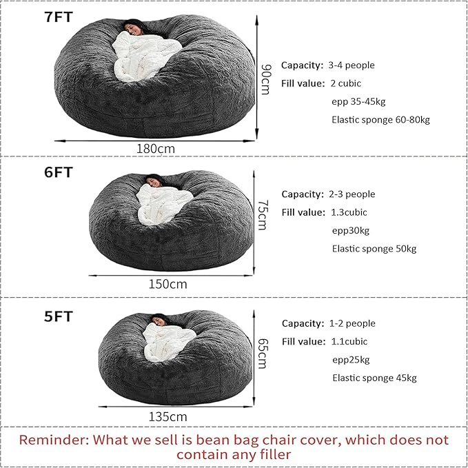 DELADOLA Bean Bag Cover(NO Filler,Cover ONLY) Big Bean Bag Storage Chair Bean Bag Sofa Chair Soft Fluffy Fur Portable Living Room Sofa Bed Cover (Dark Brown, 7FT)