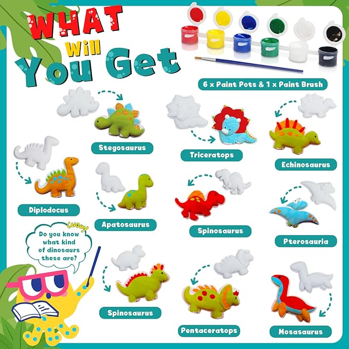 KIDDYCOLOR Kids Arts & Crafts Plaster Painting Craft Kit Art Set - Decorate Your Dinosaurs and Create Your own Dinosaur World as a Gift for Ages 3-12